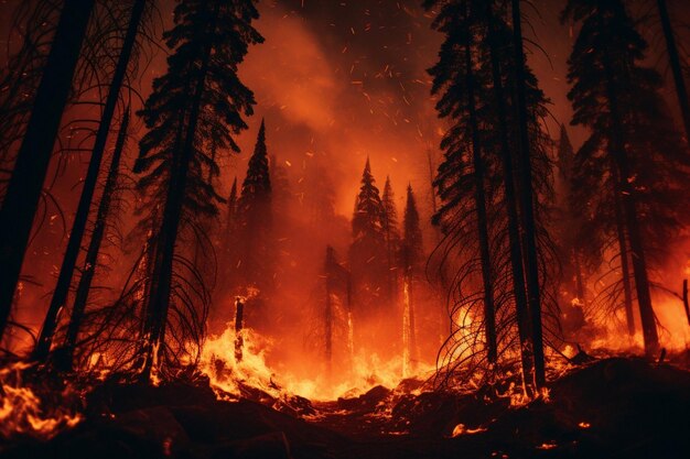 Chaleur chaude fumée nuit catastrophe feu de forêt rouge brûlé danger arbres forêt environnement flammes nature brûlant bois destruction feu sec extérieur urgence