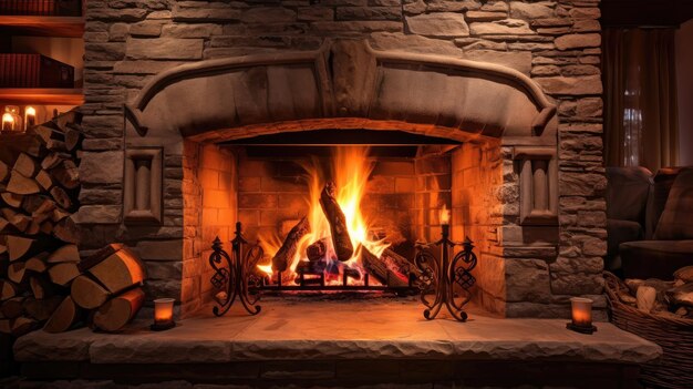 Photo la chaleur de l'hiver le feu brûlant dans la cheminée un symbole de confort de saison confortable