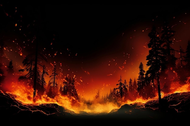 Chaleur nature danger feu de forêt rouge destruction feu de bois environnement catastrophe paysage écologie nuit dommages flammes chaudes fumée orange brûlant fond d'arbre forêt sauvage