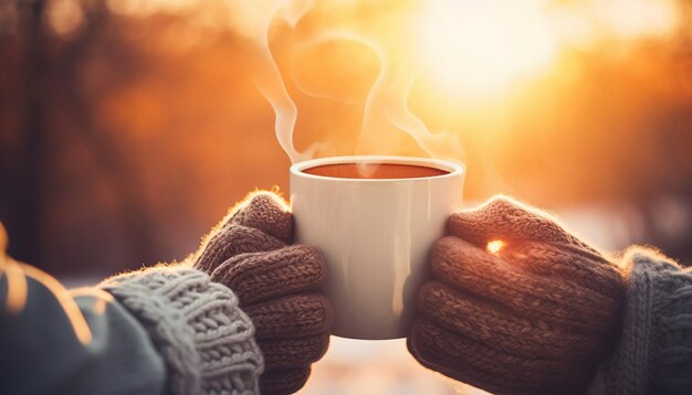 Photo la chaleur d'une paire de mitaines étreignant une tasse de cacao chaud généré par l'intelligence artificielle