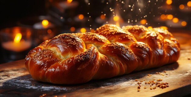 Challah de pain festif sur une table en bois dans la cuisine Gros plan généré par l'IA