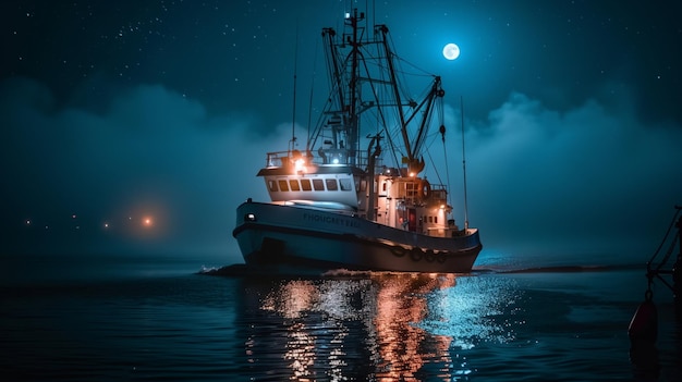 Un chalut de pêche en pleine lune