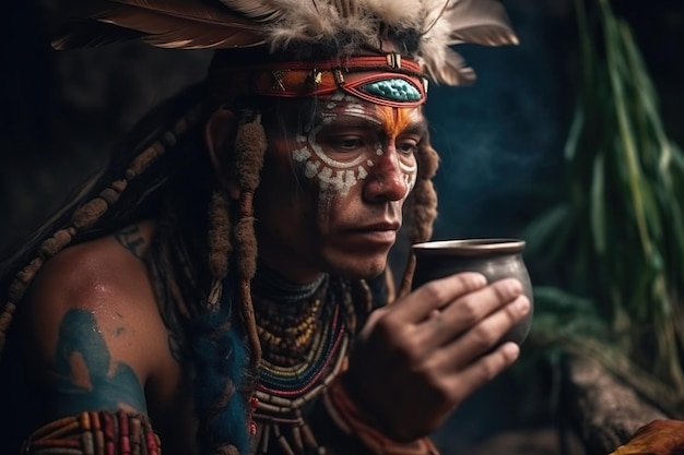 Chaman indien orné de plumes colorées qui semble être profondément inspiré et engagé dans une cérémonie d'ayahuasca Generative AI