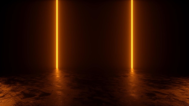 Chambre abstraite au néon avec lumière orange et réflexion sur le terrain tunnel scifi rendu 3D 3D