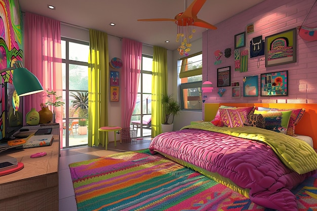 Une chambre d'adolescents ludique et colorée avec un décor funky