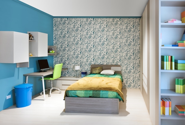 Chambre d'adolescents soignée avec un décor bleu