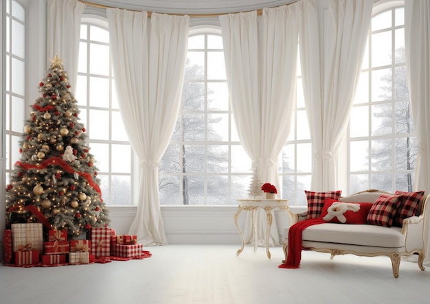 Chambre arafée avec un sapin de noël et des cadeaux devant une fenêtre ai générative