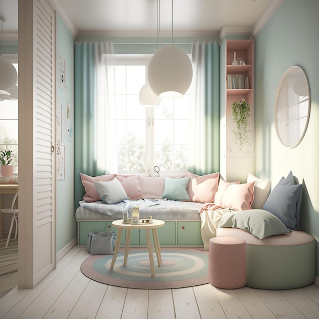 Chambre en arrière-plan intérieur de maison minimaliste et moderne de couleur pastel clair