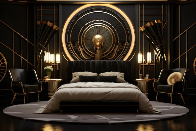 Photo une chambre art déco avec un lit circulaire en satin