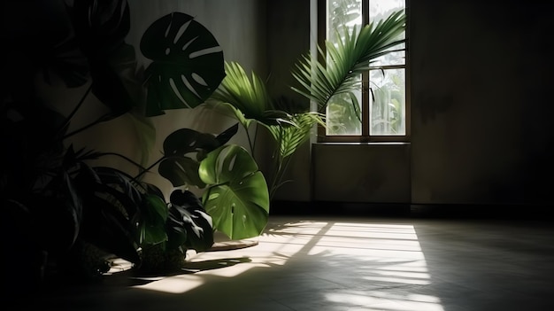 Une chambre au concept apaisant décorée de plantes tropicales à la lumière du soleil ai générative