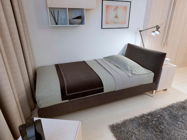 Chambre au design moderne avec table de chevet.