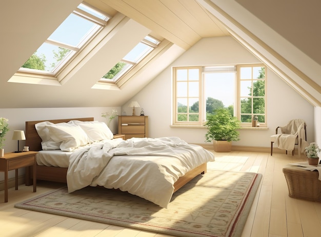 Une chambre au grenier confortable avec un lit blanc, des lucarnes, un tapis et une photo sur le mur.