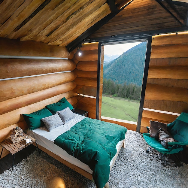 Chambre au grenier dans les montagnes avec ambiance d'hiver avec couverture de couette ou couverture vue supérieure