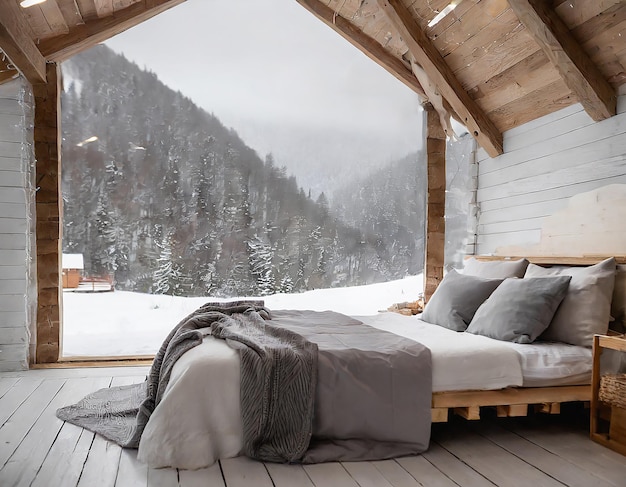 Chambre au grenier dans les montagnes avec une ambiance hivernale avec une couverture de couette ou une couverture