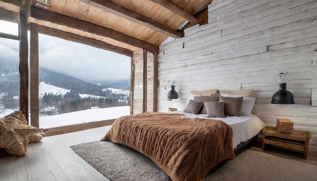 Chambre au grenier dans les montagnes avec une ambiance hivernale avec une couverture de couette ou une couverture