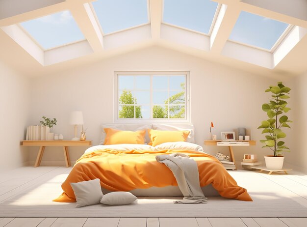 Photo chambre au grenier avec un lit plantes et lucarnes le lit est fait avec une couette blanche