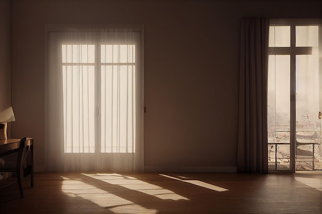 Une chambre aux couleurs marron clair avec de grandes fenêtres avec des rideaux et un bureau contre le mur illustration 3d