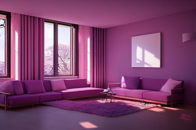 Photo une chambre aux couleurs violettes un grand canapé des fenêtres lumineuses avec des rideaux un tapis au sol illustration 3d