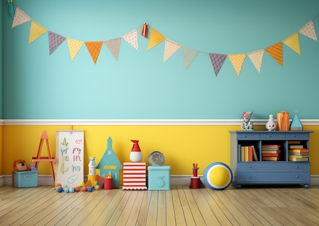 Une chambre aux couleurs vives avec une commode bleue générative ai