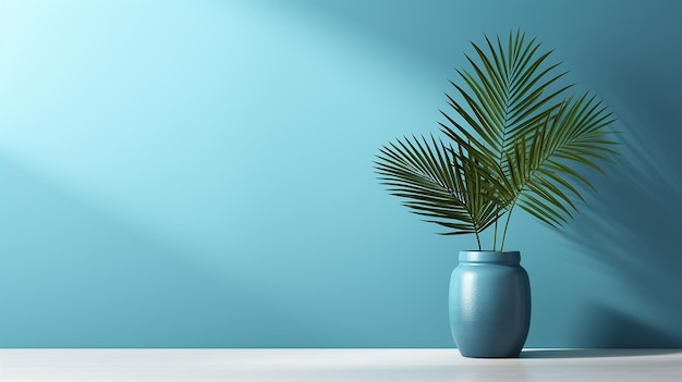 Chambre aux murs bleus avec vase décoratif