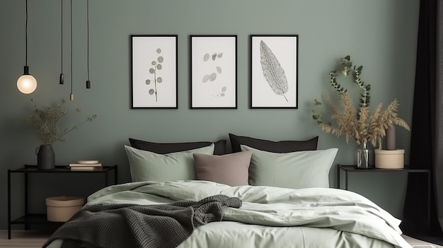 Photo une chambre aux murs verts et un lit avec une empreinte de feuille sur le mur.