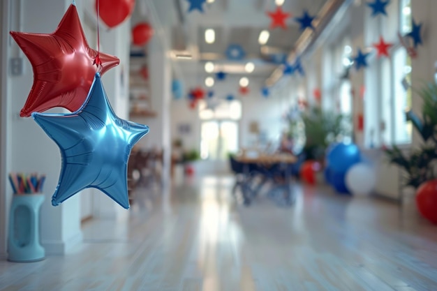 Chambre avec des ballons en forme d'étoile bleus et rouges suspendus au plafond AI générative