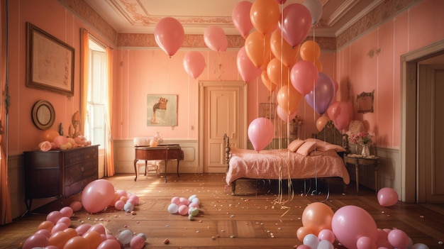 Une chambre avec des ballons et un mur rose qui dit "l'amour est dans l'air"