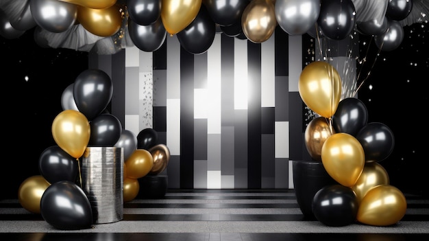 Une chambre avec des ballons noirs et or et un candélabre en argent.