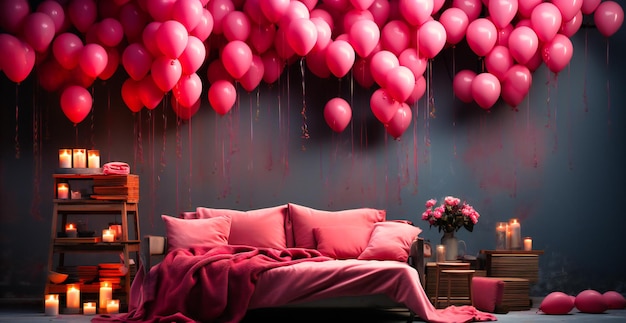 Une chambre avec des ballons roses suspendus dans les airs