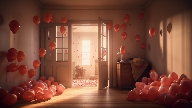 Une chambre avec des ballons rouges et une porte qui dit "je t'aime"