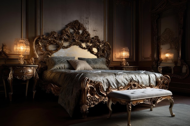 Chambre baroque avec lit opulent et accessoires luxueux