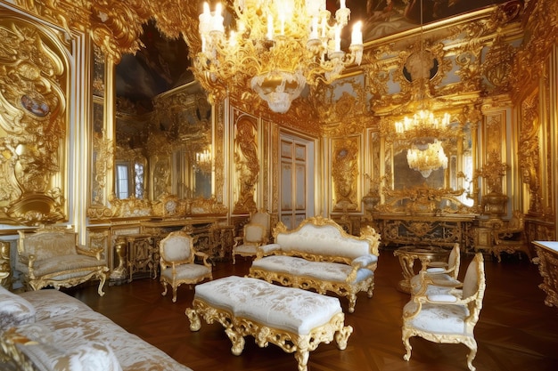 Chambre baroque avec de nombreux meubles somptueux, y compris des meubles en or et en peluche