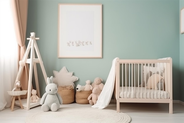 Une chambre de bébé avec un berceau et un berceau avec un lapin au sol.