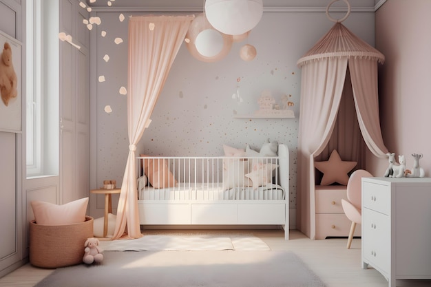 Une chambre de bébé avec un berceau et un berceau avec un rideau rose.