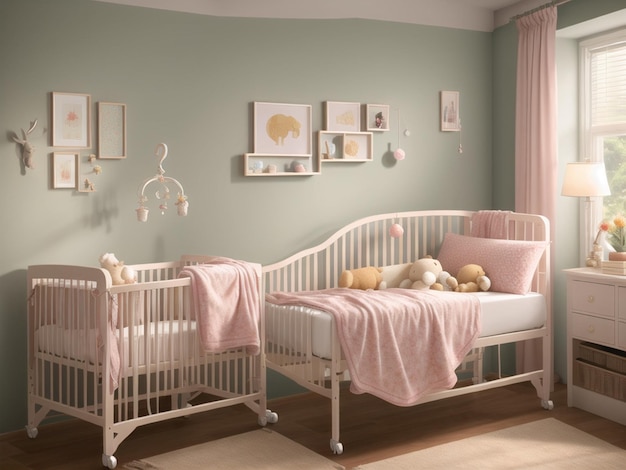 Une chambre de bébé avec une couverture rose et un berceau blanc avec une couverture rose.