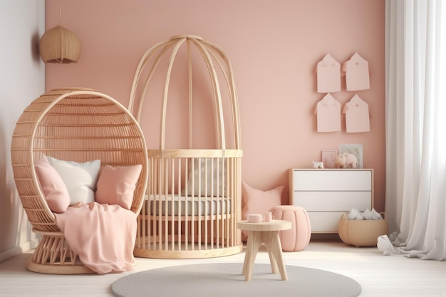 Chambre de bébé avec un décor et des meubles rose tendre Generative AI