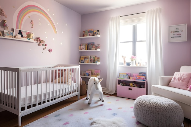 Une chambre de bébé avec une fresque arc-en-ciel sur le mur.