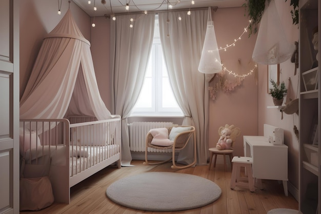 Une chambre de bébé avec un lit à baldaquin et un berceau blanc avec une couverture blanche suspendue.