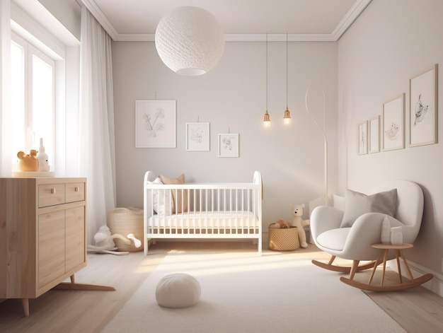 Chambre de bébé minimaliste moderne de style scandinave Intérieur de la chambre de bébé aux couleurs claires Image générée par l'IA