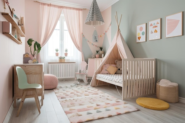 Chambre de bébé remplie de motifs apaisants et de couleurs pastel pour favoriser la détente créée avec génerat