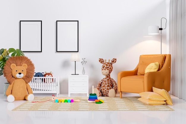 Chambre de bébé en rendu 3d avec lit bébé et jouets