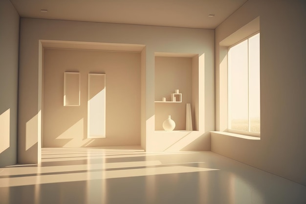 Chambre beige minimaliste avec lumière du soleil chambre vide avec une fenêtre AI générative