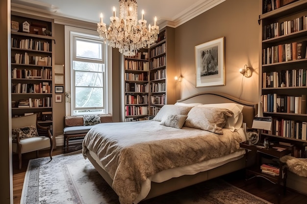 Une chambre avec une bibliothèque et un lustre qui dit "le mot" dessus. "