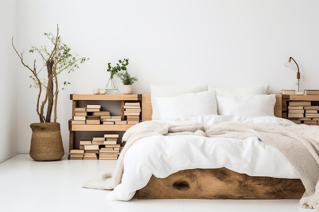 Chambre blanche d'appartement avec des meubles en bois naturel image