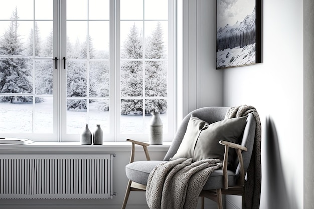 Une chambre blanche avec une chaise et une fenêtre avec une scène d'hiver de style scandinave dans la décoration