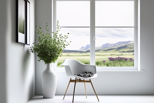 Une chambre blanche avec une chaise et une vue sur un paysage verdoyant Style scandinave dans la décoration