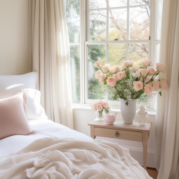 Une chambre blanche avec une couette moelleuse un vase de roses roses sur une table de chevet