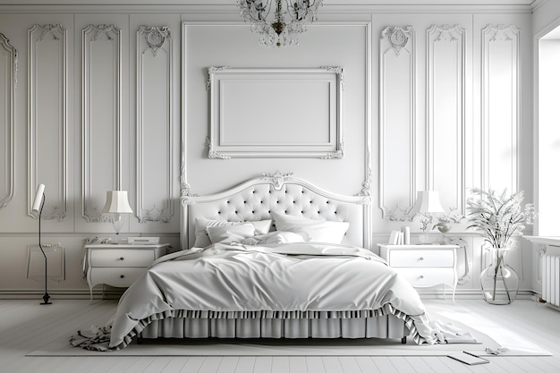 une chambre blanche avec un lit blanc et une tête de lit blanche