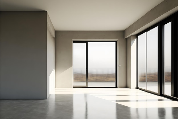 Chambre blanche lumineuse avec grande fenêtre absolument vide sans art généré par le réseau neuronal de meubles