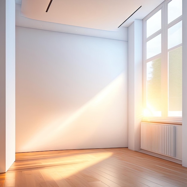 Chambre blanche et minimaliste avec des murs vierges et la lumière du soleil traversant les fenêtres